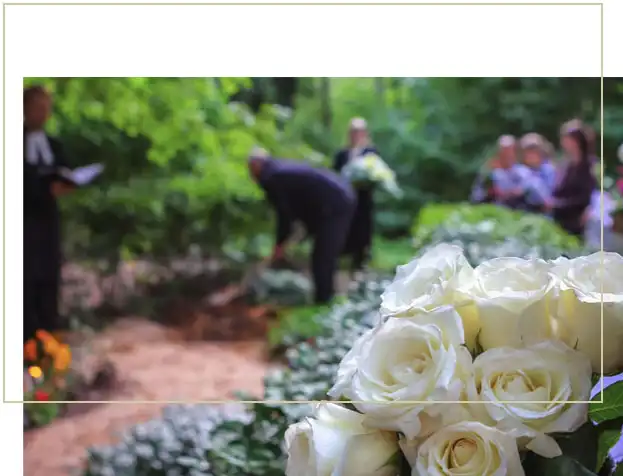 Trauerfloristik: Weiße Rosen auf einem Friedhof